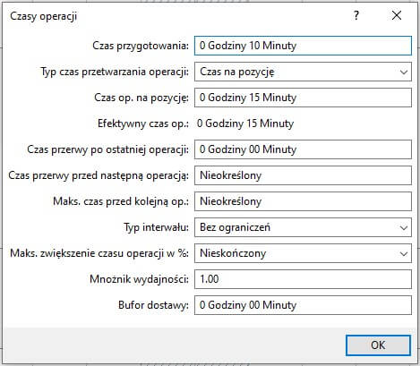 Okno szczegółów dotyczących czasów operacji zlecenia produkcyjnego