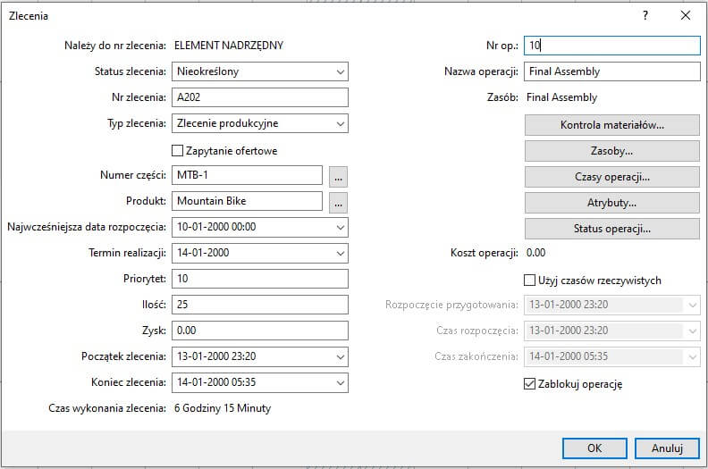 Okno szczegółów operacji zlecenia produkcyjnego