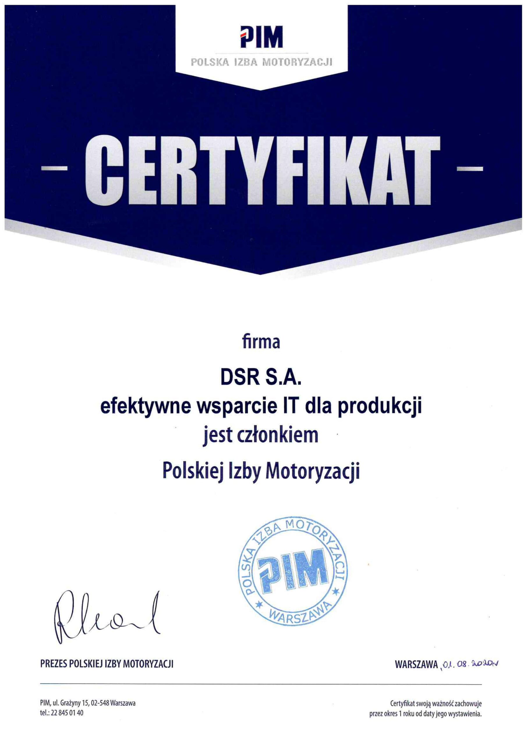certyfikat PIM