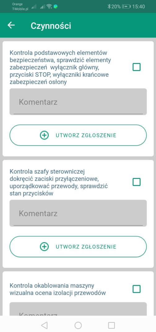 Listy kontrolne czynności dla przeglądów prewencyjnych - aplikacja mobilna