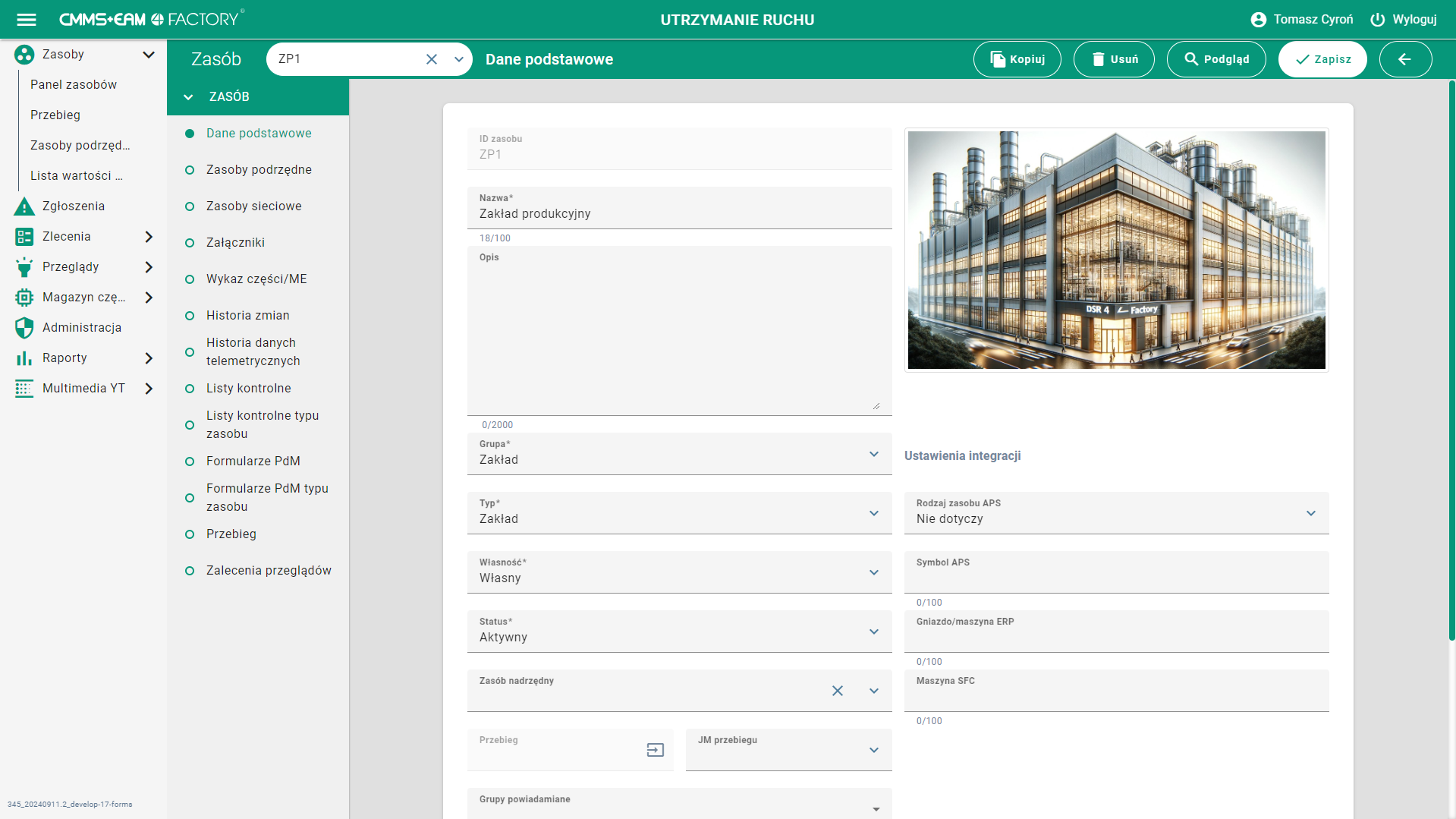 Widok panelu operacyjno-administracyjego CMMS+EAM 4FACTORY
