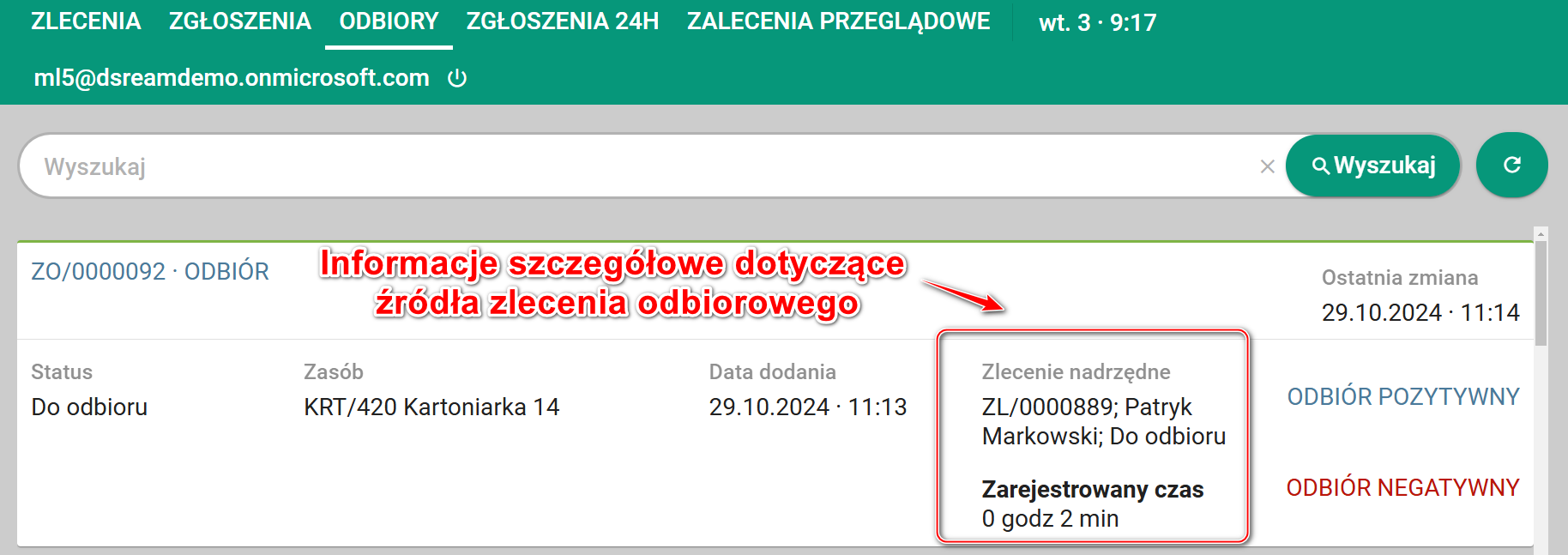Dodatkowe szczegóły dla zleceń odbiorowych w terminalu
