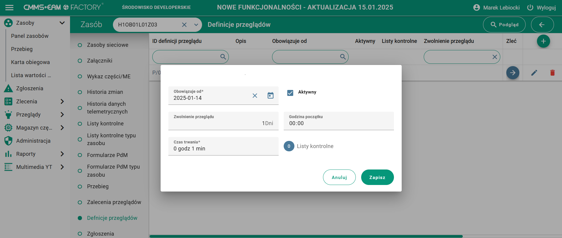 Możliwość dodawania zasobu do definicji przeglądowej w CMMS+EAM 4FACTORY